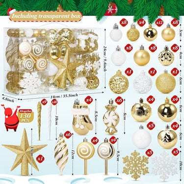 130 Pcs Christmas Tree Ornaments Set Assorted Hanging Ornaments Ball Set with Hanging Loop for Xmas Holiday Party Wreath Xmas Tree Decor